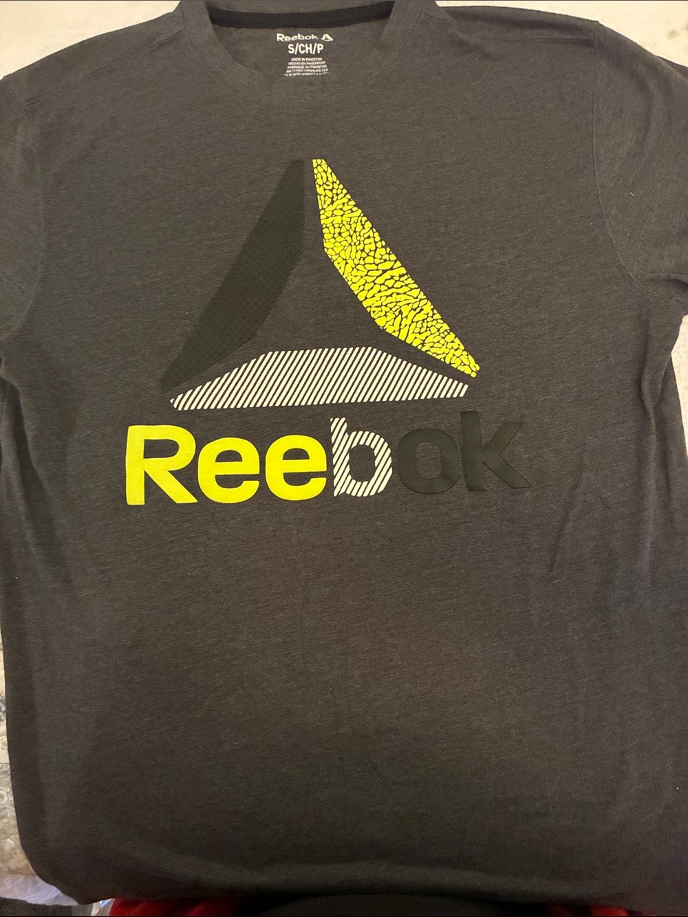 Reebok Charcoal Tee with Neon Yellow triangle Logo w/bold print